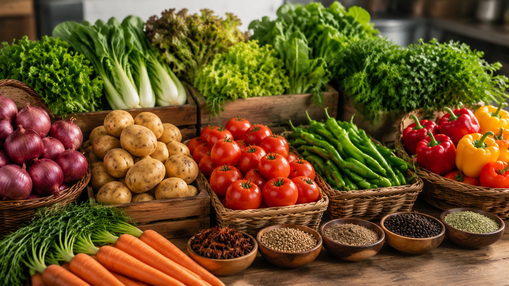 Fresh vegetables and spices arranged for wholesale supply